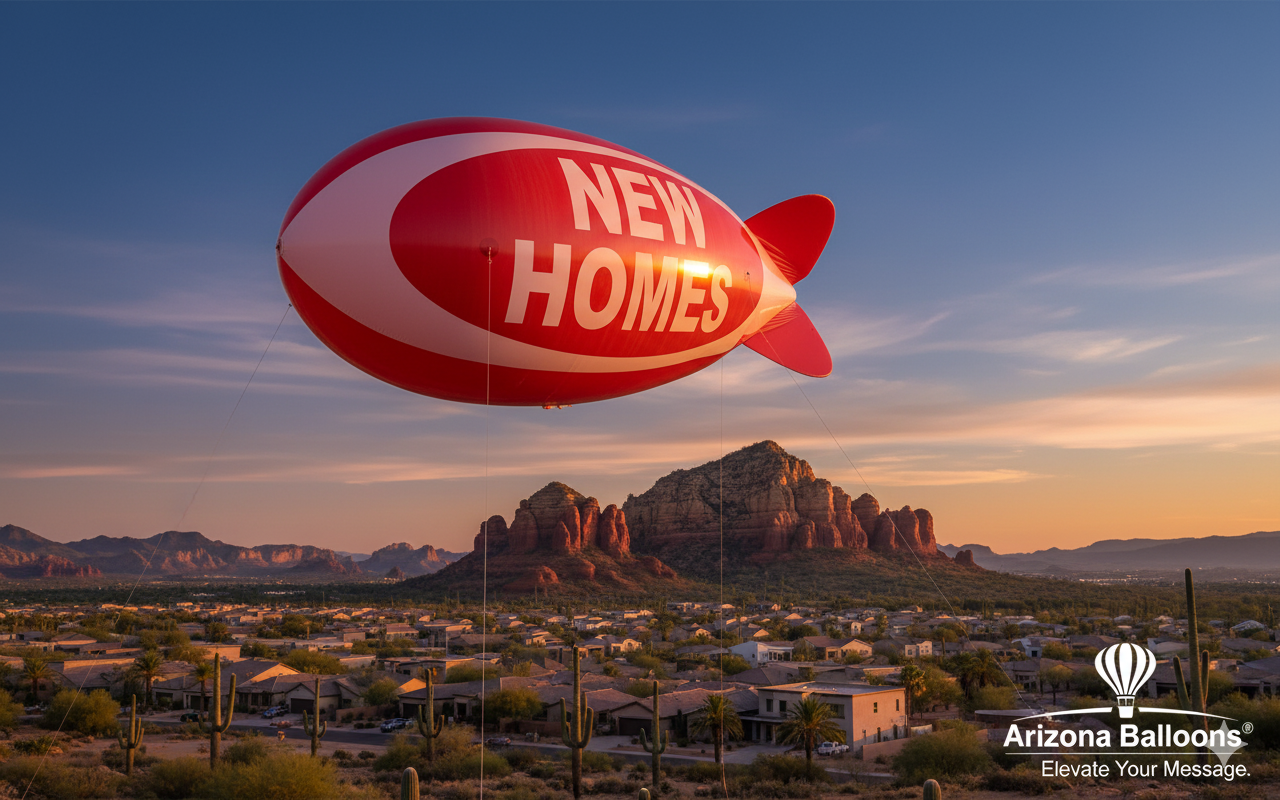 Red and white NEW HOMES advertising blimp over a neighborhood